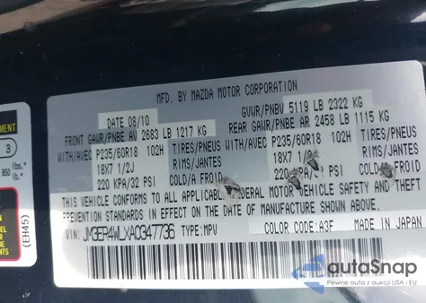 2010 Mazda Cx-7 S Touring from USA, damaged, VIN JM3ER4WLXA0347736